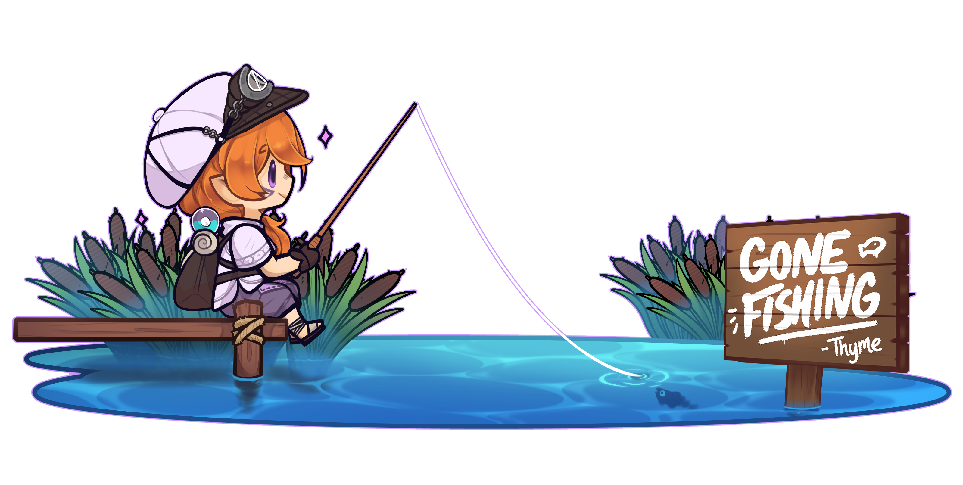 Gone Fishing — illustration of a character fishing off a dock, by Witchuru (Thyme)